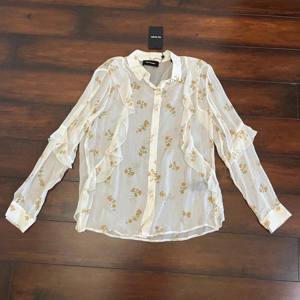 The Kooples Popcorn Floral-Print Sheer Silk Shirt Ruffle Button Down FR 1/US S - Picture 4 of 13